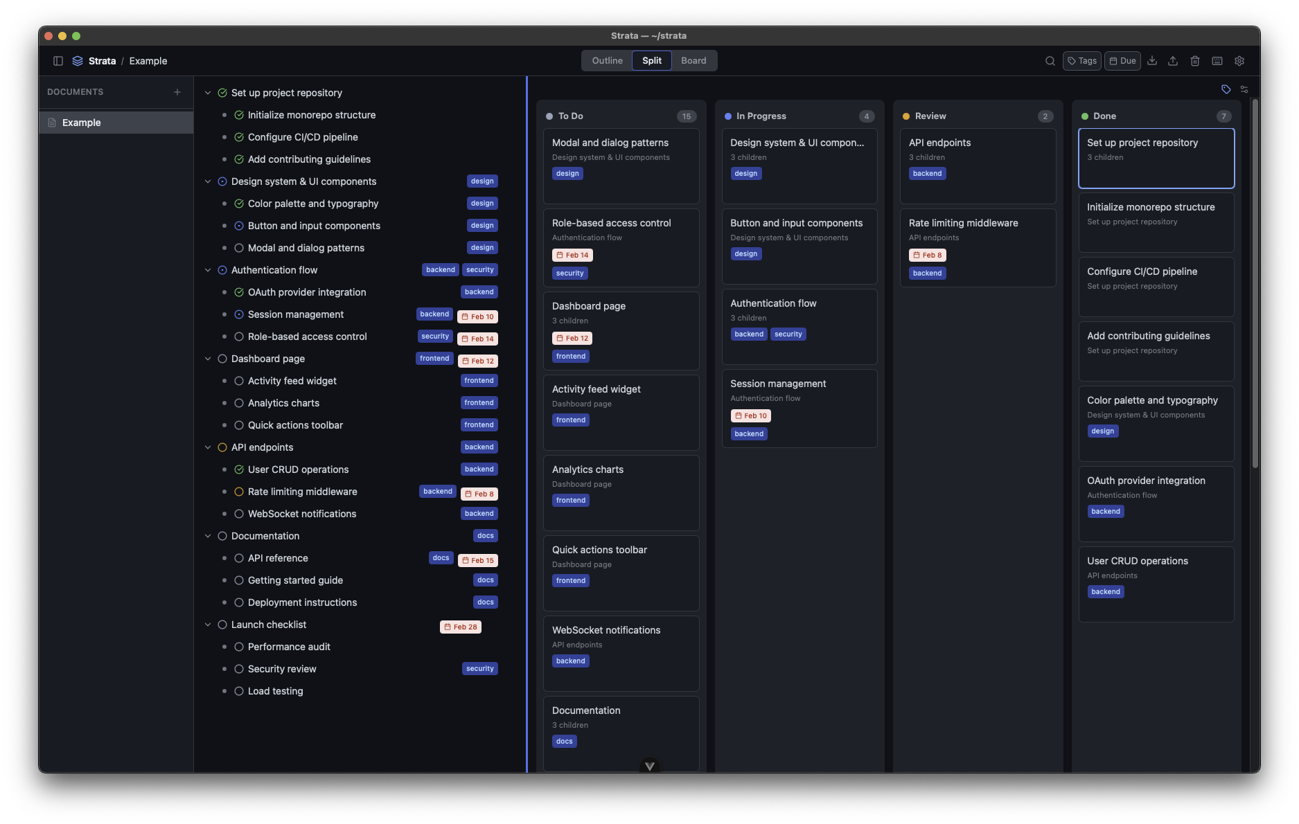 Strata split view showing outline and kanban board